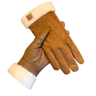 皮质手套女冬季保暖骑行电动车加绒加厚御寒防风可触屏麂皮绒手套