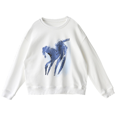 圆领长袖撞色骏马印花短款卫衣