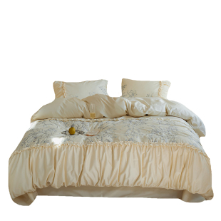 法式天丝贡缎长绒棉100S全棉磨毛四件套公主风纯棉被套床单床笠款