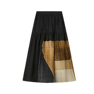 sdeer圣迪奥春装女装松紧拼接撞色印花棉麻半身裙长裙S25181102