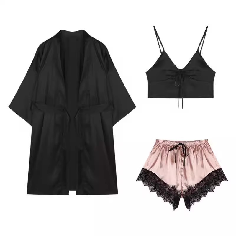 女缎面三件套睡衣家居服可外穿