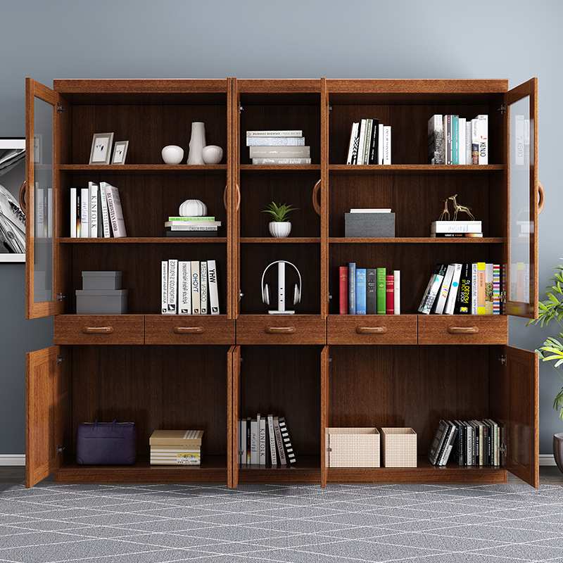 现代简约胡桃木二三五门组合中式书橱储书柜带物抽屉书房书架实木