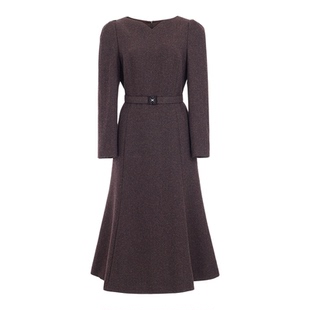 朗姿/MOJO AVENUE莫佐2025新款复古小V领连衣裙女秋冬巧克力色通