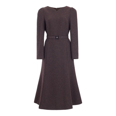 朗姿/MOJO AVENUE莫佐2025新款复古小V领连衣裙女秋冬巧克力色通