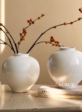 新中式白色陶瓷月亮罐花瓶摆件客厅插花手工圆球形花器侘寂风装饰