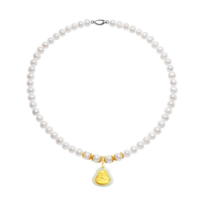 龙凤伴侣项链足金和田玉天然珍珠