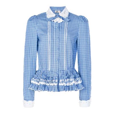 时尚格子花边系带上衣