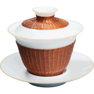 容山堂竹丝扣瓷盖碗白瓷手工竹编大号三才茶碗单个泡茶杯功夫茶具