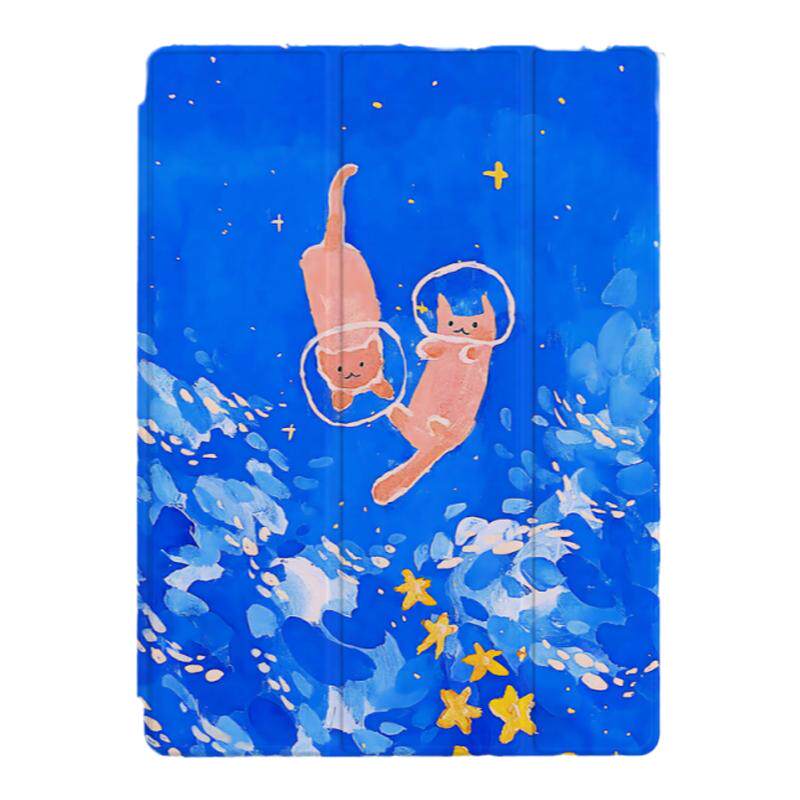 可爱星空猫咪梦幻潮流复古蓝色卡通插画适用于苹果2022款iPadPro12.9/11三折保护壳air5/mini6防摔ipad10笔槽