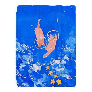 可爱星空猫咪梦幻潮流复古蓝色卡通插画适用于苹果2022款iPadPro12.9/11三折保护壳air5/mini6防摔ipad10笔槽