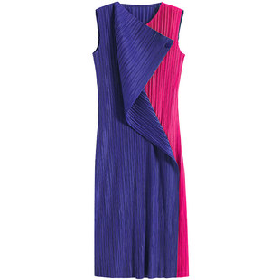 青色连衣裙褶皱直筒拼色纽扣个性打底裙圆领无袖知性淑女裙子女夏