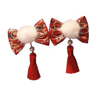 中国古风蝴蝶结红色貂毛儿童发夹毛球流苏喜庆女宝宝汉服公主发卡