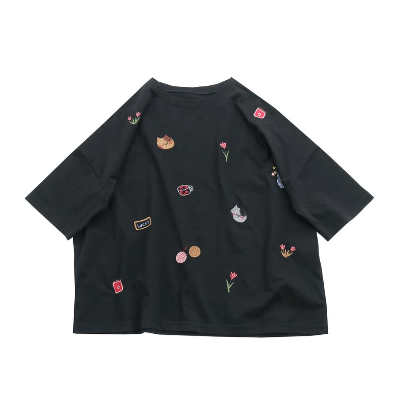 日单T恤新款刺绣图案纯棉上衣文艺短袖女宽松休闲大码圆领tshirt