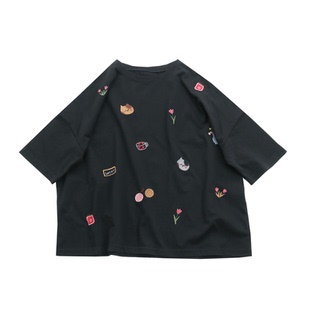 日单T恤新款刺绣图案纯棉上衣文艺短袖女宽松休闲大码圆领tshirt