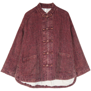 古石后原创布衣加厚夹棉外套女冬季高端亚麻中式复古对襟棉服棉袄