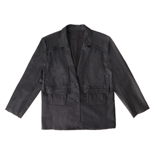 No sense无感官 两穿可拆卸复古暗纹肌理黑色皮衣复古西装外套