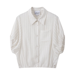 LILY2026夏新款女装含亚麻简约条纹宽松休闲通勤短袖薄款衬衫外套