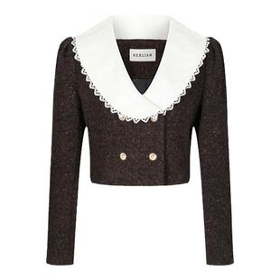HERLIAN 秋季新品女士棕色V领蕾丝毛呢外套