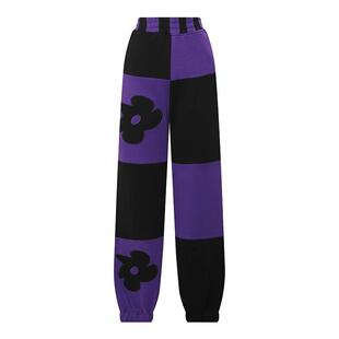 Petit Bari撞色棋盘格花朵卫裤卫衣女 个性拼接 潮酷出街款