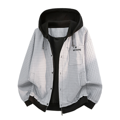 春秋格纹连帽半拉链男夹克百搭