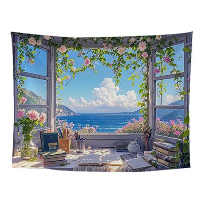 治愈系窗外海上风景背景布挂布