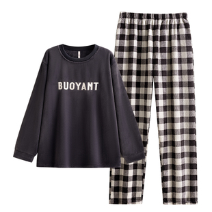 悦内睡衣女款秋冬季冬款法兰绒加绒加厚珊瑚绒家居服圆领套头格子