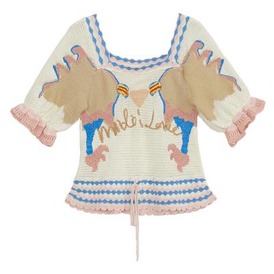 谜底短袖修身针织衫女年夏新品复古文艺方型领上衣242MZ0883