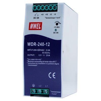 mwel导轨式WDR-120/240W开关电源24V变压器AC380转DC12V恒压5A20A