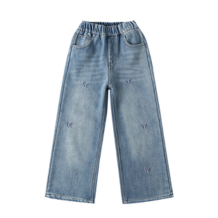 女童满天星蝴蝶烫钻加绒加厚牛仔裤韩版时尚女大童阔腿裤儿童裤子