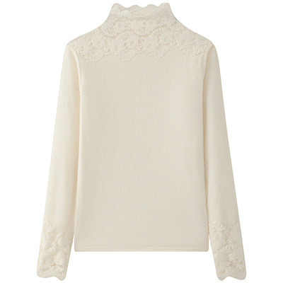 慕兔半高领蕾丝拼接长袖t恤