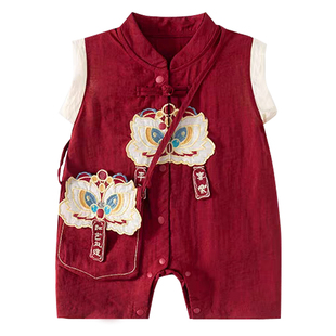 男宝周岁礼服夏季婴幼儿连体衣薄款新中式国风小月龄背心哈衣爬服