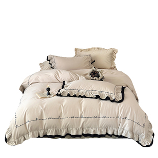 法式复古全棉磨毛床上四件套公主风纯棉浪漫花边刺绣被套少女床单