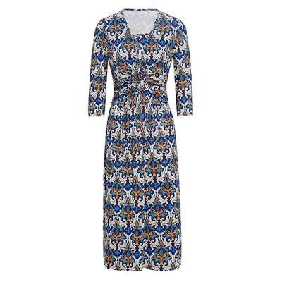 马天奴蓝色印花收腰钉珠连衣裙