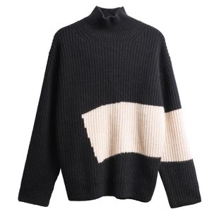 斐雪 浓淡总相宜 四股粗针加厚元宝针570g宽松高领纯羊绒拼色毛衣