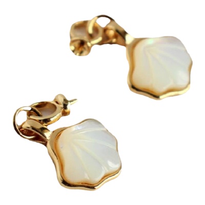 14K包金镀金保色白贝壳扇贝吊坠半孔珍珠扣头挂饰diy项链耳环配件