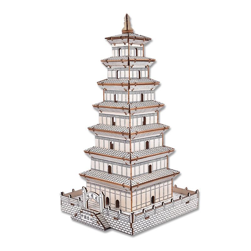 国潮榫卯结构3D立体拼装古建筑模型木质手工益智力拼插积木制拼图