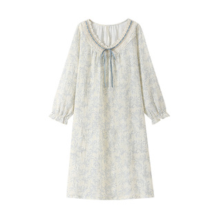 婴儿棉纱睡裙女春秋季纯棉纱布长袖甜美长款连衣裙碎花睡衣家居服