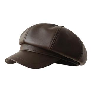 细腻PU皮质八角帽女生大帽顶显脸小报童帽复古英伦风画家帽子男士