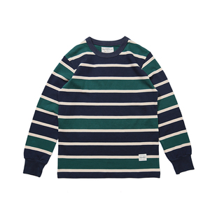 Emomo男女款中性彩色条纹280g重磅日系复古拼色纯棉圆领长袖T恤