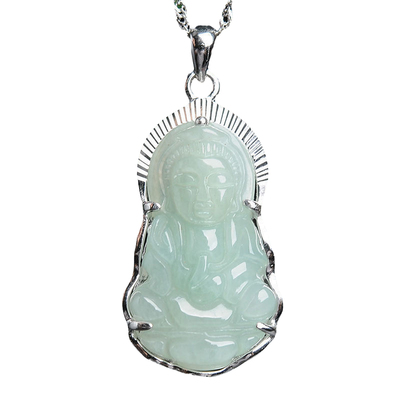 S925银镶天然缅甸翡翠吉祥纳福观音菩萨吊坠珠宝男士款项链挂件