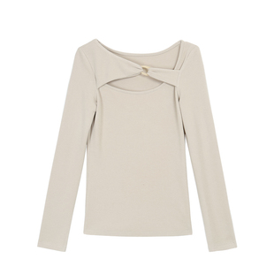 NEVA HU甜欲因子 一字领镂空长袖T恤女设计感修身针织打底上衣