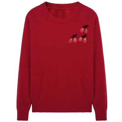 布景羊毛衫女冬季新品简约圆领圣诞新年红色毛衣全羊毛针织衫6706