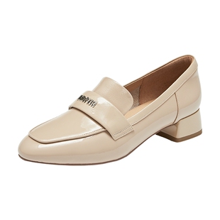 真美诗秋新款光泽牛皮复古粗跟增高显瘦乐福鞋皮鞋女YYL09CA4