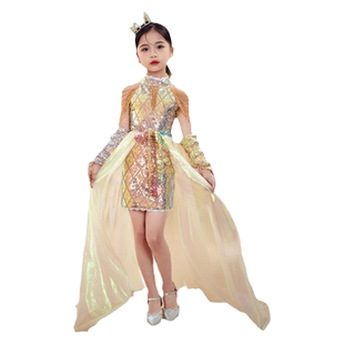 儿童走秀礼服国潮女童模特表演高端新中式主持亮片舞台钢琴演出服