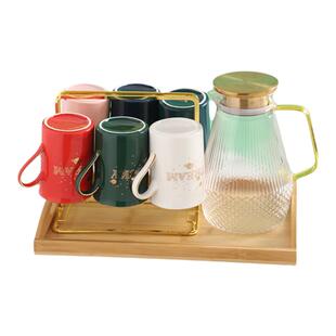 北欧轻奢玻璃水具套装陶瓷六色杯具水杯茶具家用客厅凉水壶带托盘