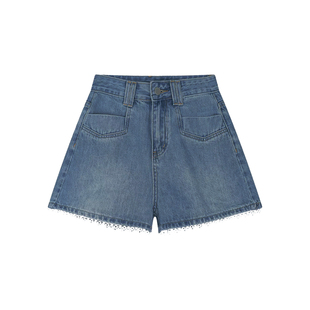 蕾丝花边牛仔短裤女夏新款大码胖mm显瘦高腰梨型身材a字阔腿热裤