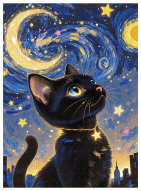 梵高星月夜星空小猫拼图500片 治愈系成人减压生日礼物 带框挂画