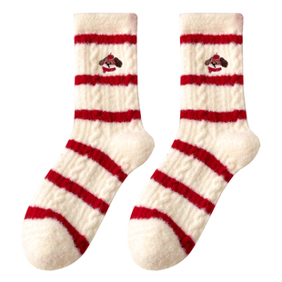 冬季加厚保暖澳绒小狗袜子女中筒本命年大红色长袜毛绒睡眠地板袜