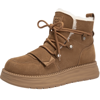 千百度真皮厚底时尚雪地靴女款百搭冬季气质增高加绒保暖毛毛短靴