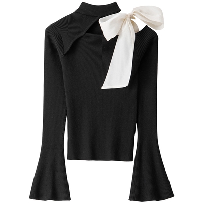 【桑蚕丝】BANANA BABY2026年春新款千金感露肩蝴蝶结系带针织衫